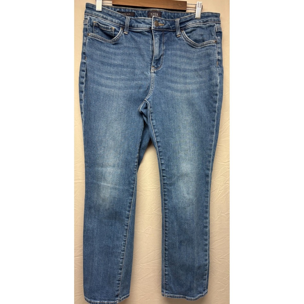 NYDJ Lift & Tuck Sheri Slim Jeans Blue Denim Straight‎ Leg Waistband Pockets 10